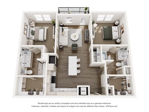 Floor plan for 2 beds, 2 baths, 1106 sqft